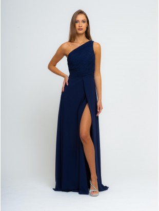 ONE-SHOULDER DRESS WITH PLEATED BODICE