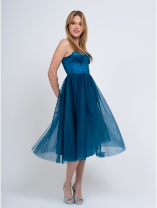 LONGUETTE DRESS WITH SATIN BUSTIE,WIDE TULLE SKIRT