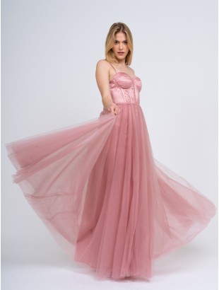 LONG DRESS WITH WIDE TULLE SKIRT AND SATIN BODICE