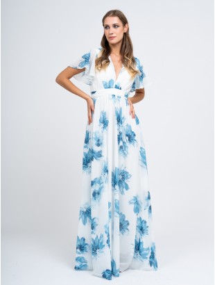 LONG DRESS WITH FLORAL PATTERN CAP SLEEVES