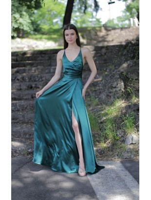 SATIN DRESS WITH SPLIT AND CROSSED LACE CLOSURE