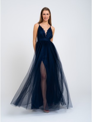 LONG TULLE DRESS WITH DEEP NECKLACE