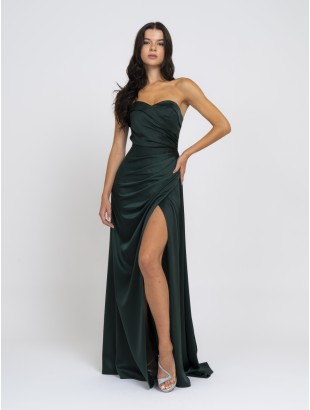 LONG DRESS WITH RUSHED BODICE AND SPLIT