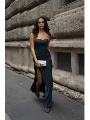 LONG FITTED DRESS IN SATIN WITH JEWEL STRAPS