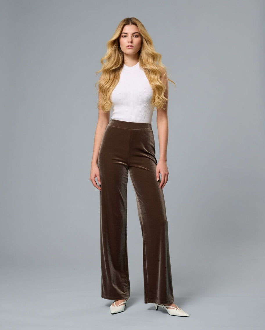 Pantalone palazzo in velluto donna – Tabacco