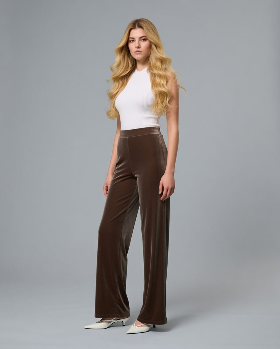 Pantalone palazzo in velluto donna – Tabacco