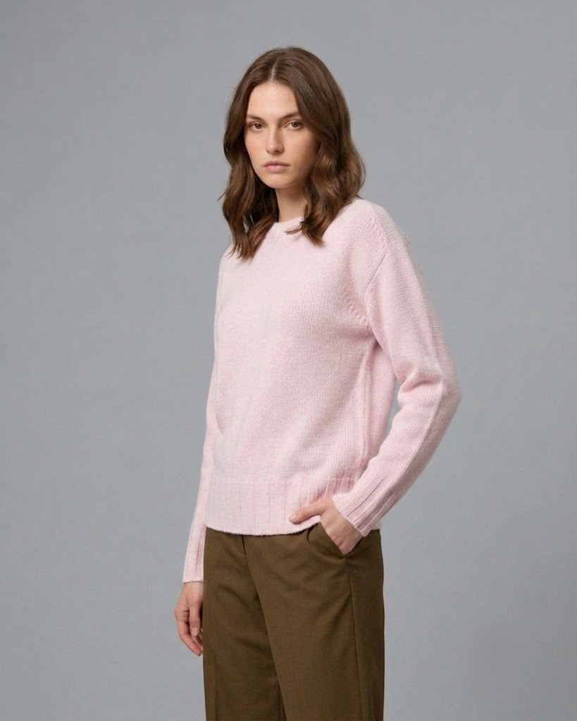 Maglia girocollo a coste in pura lana – Rosa Confetto