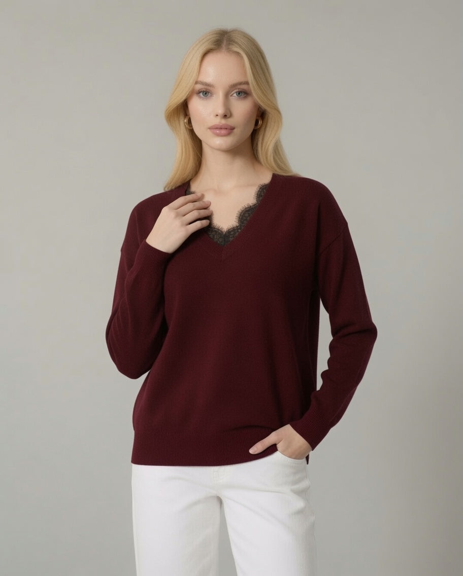 Maglia con pizzo al collo – Bordeaux