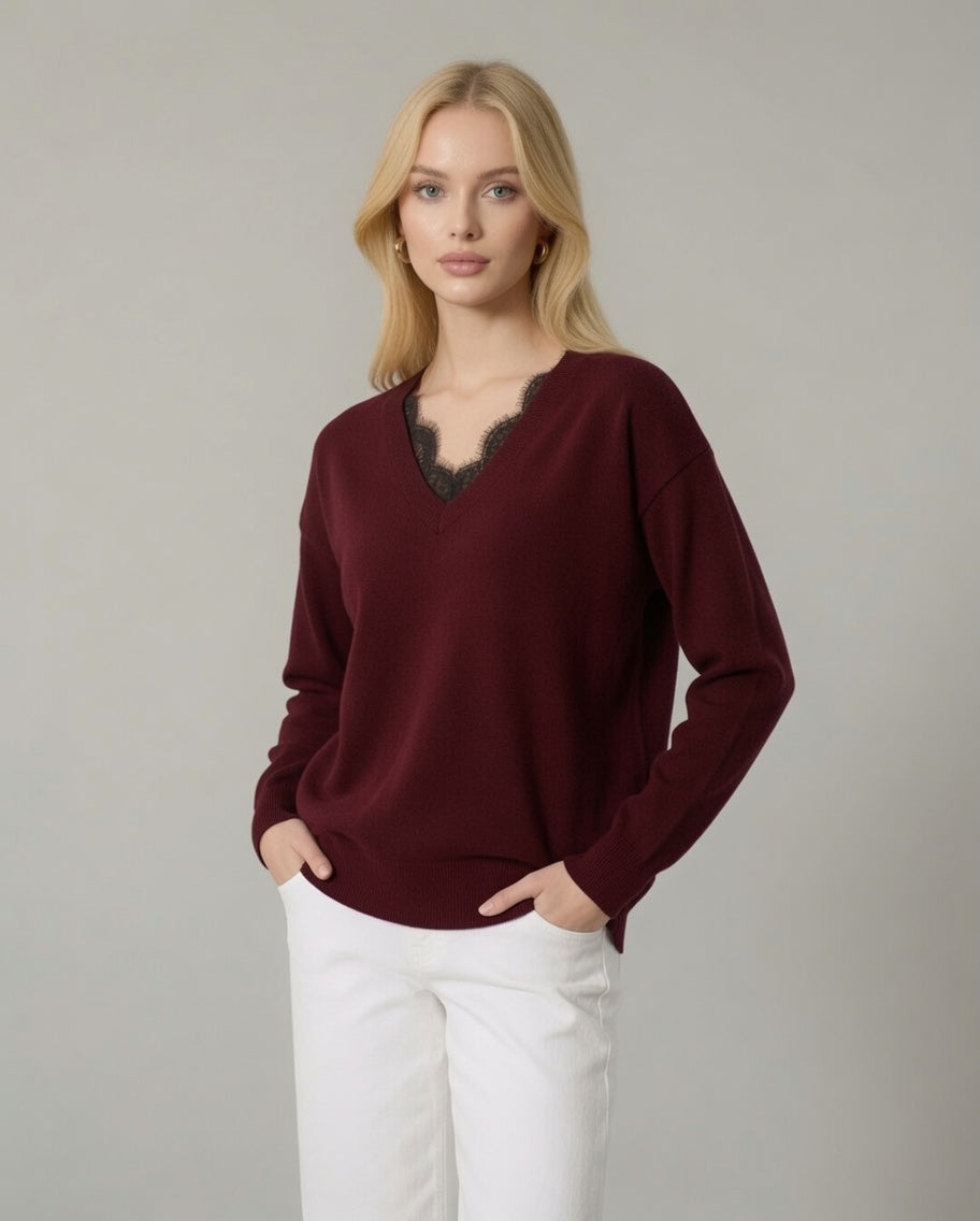 Maglia con pizzo al collo – Bordeaux