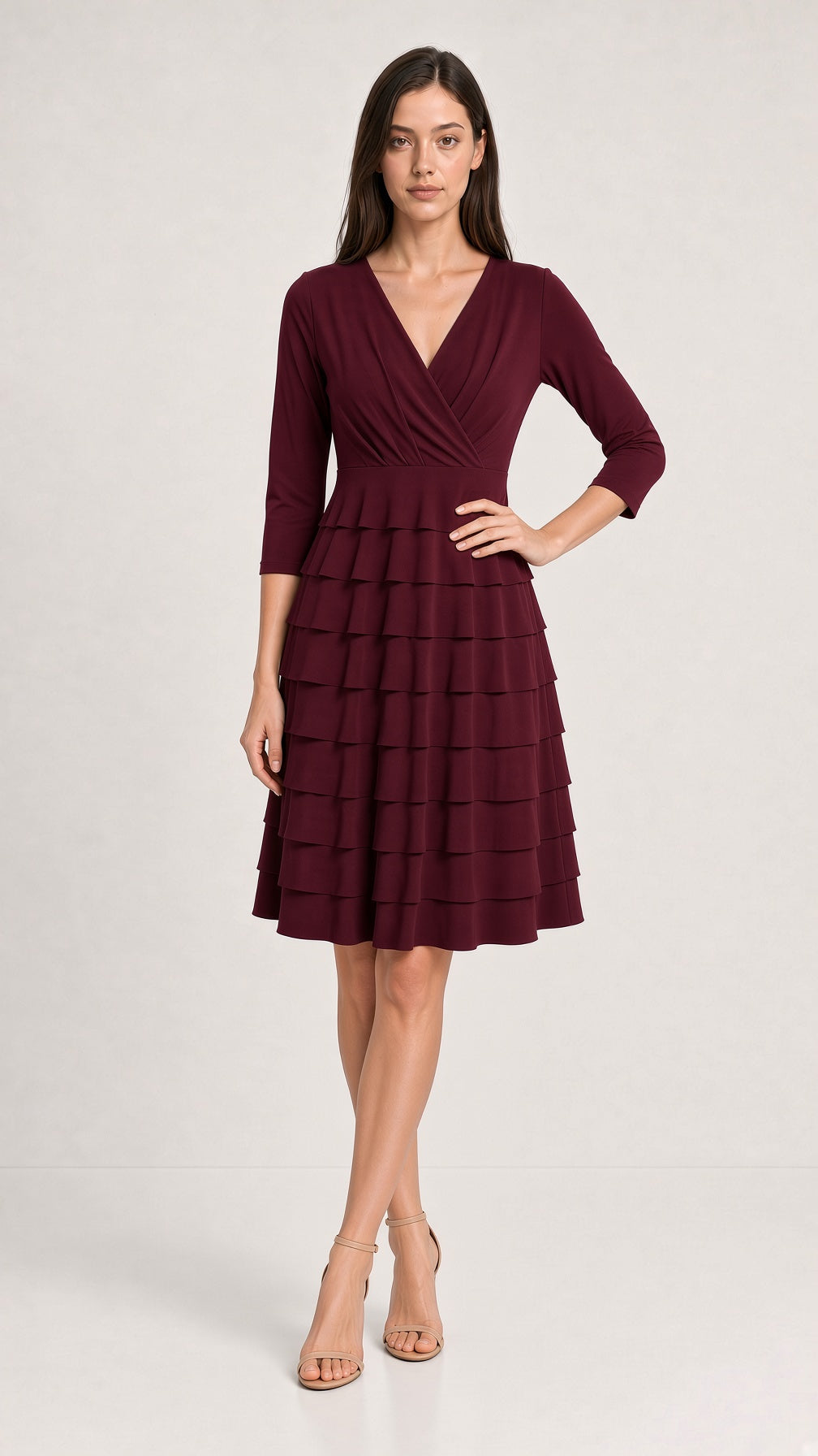 Amazzone knee-length dress with narrow ruffles – Wine red