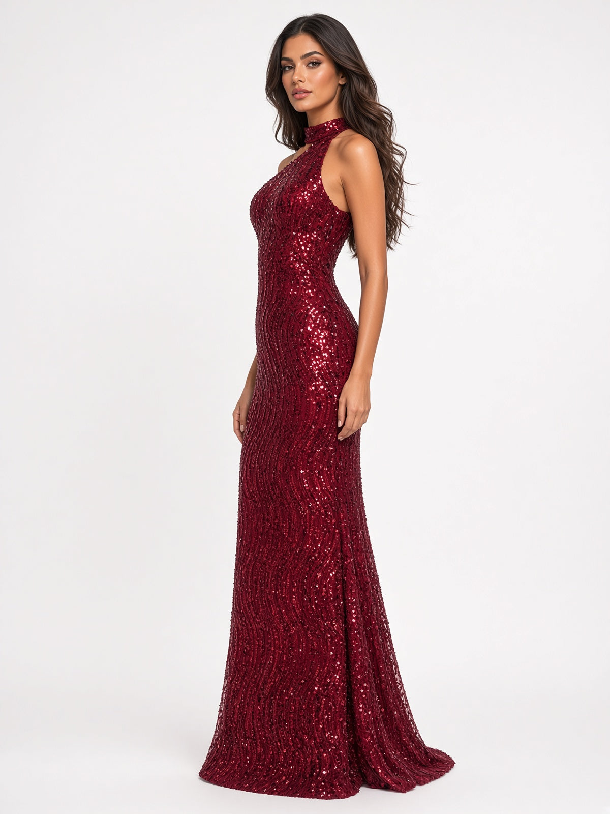 Abito a sirena in tulle di paillettes Camilla – Bordeaux