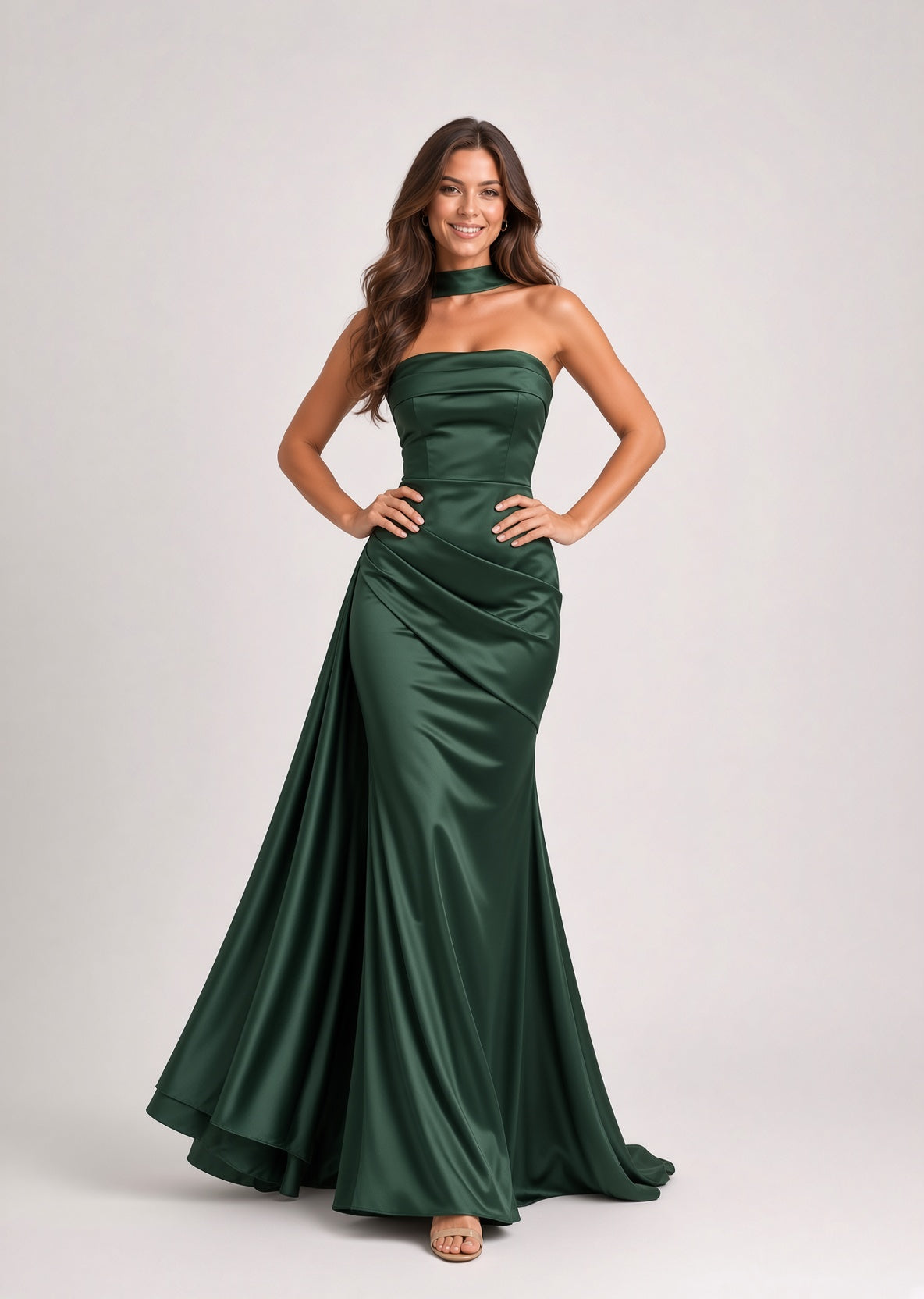 Cassandra satin occasion dress with stole – Forest green