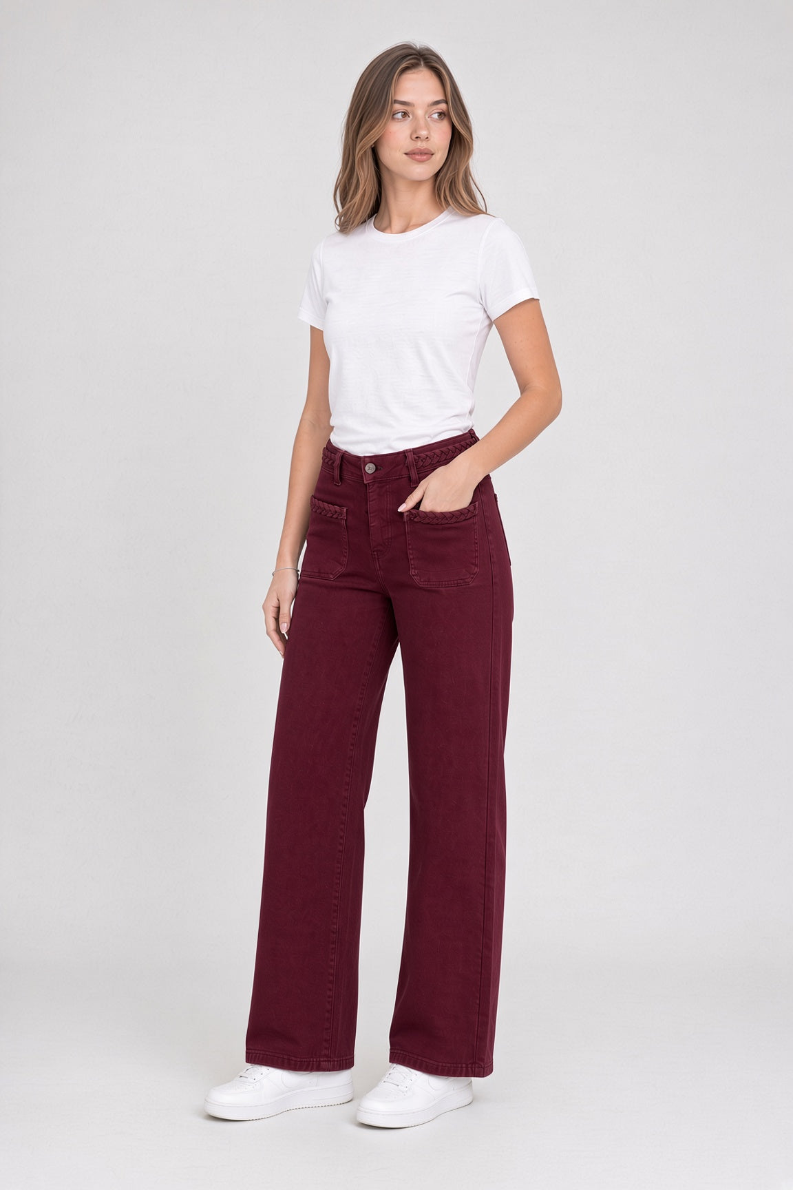 Jose wide-leg jeans with patch pockets – Burgundy