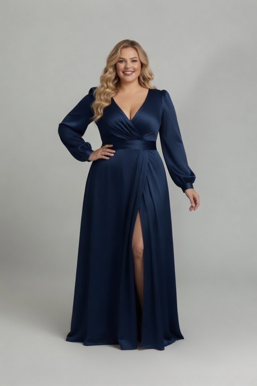 Abito lungo in raso taglie forti Klarissa Queen Size – Blu Marine