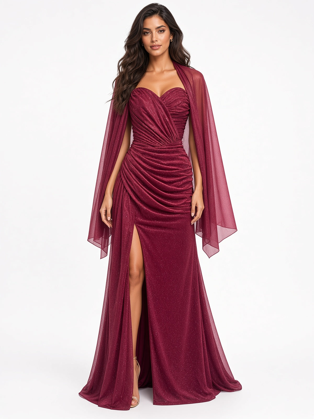 Abito a sirena con glitter e stola Leyla – Bordeaux