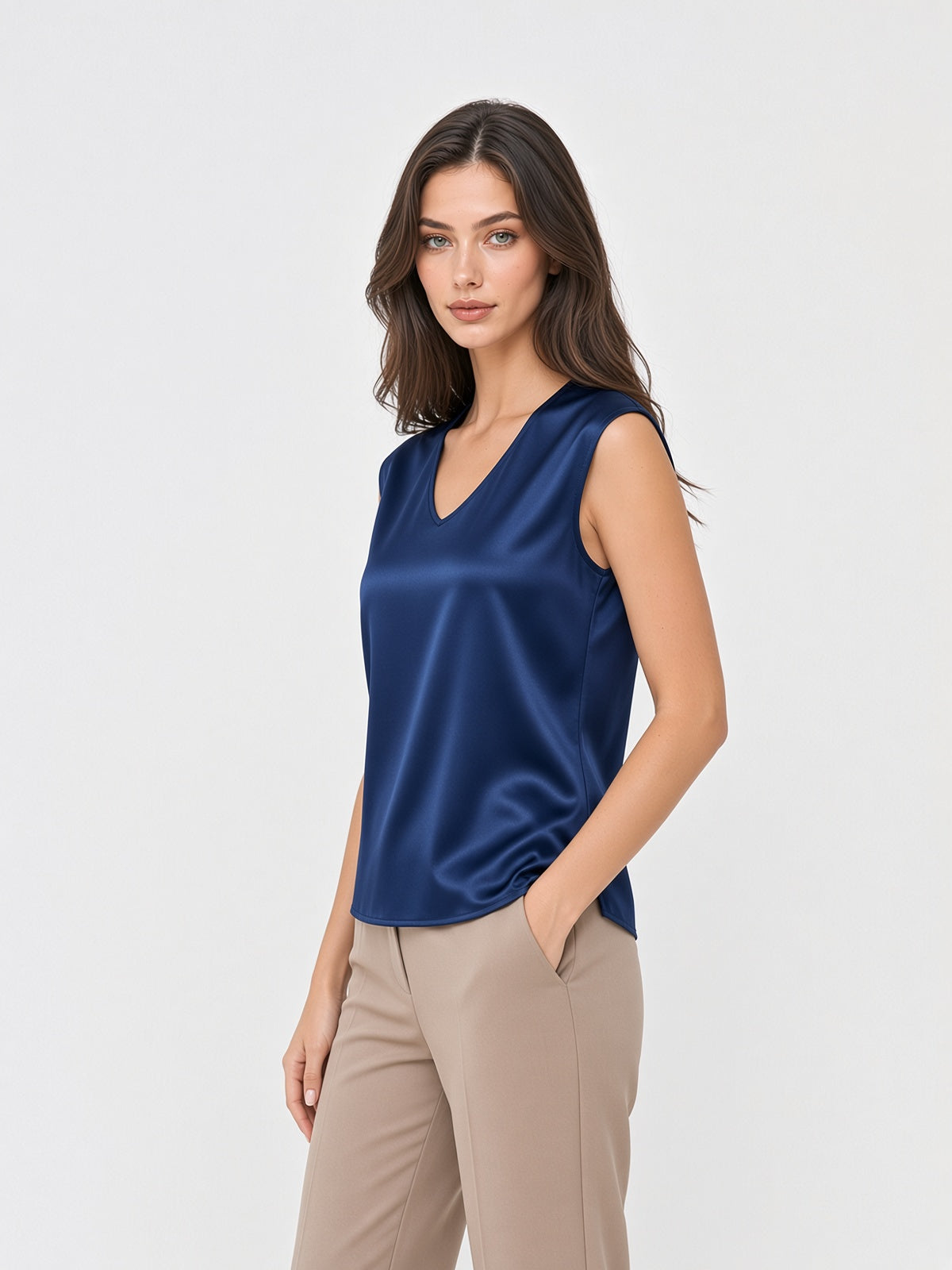 Top in raso con scollo a V Topazio – Blu Navy